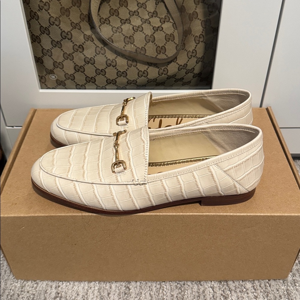 Cream Crocodile Embossed Loafers with Gold Accent-NEW